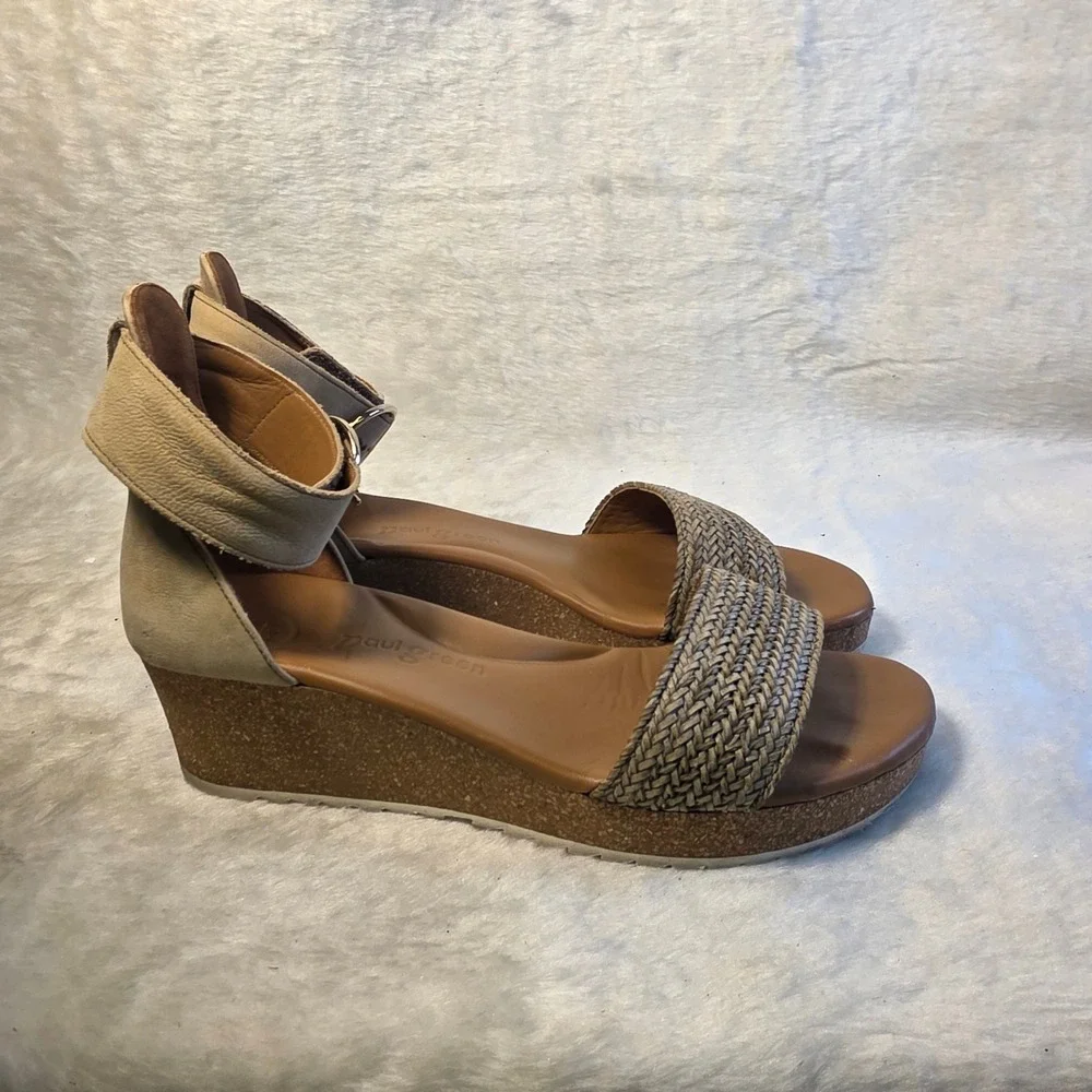 Paul Green Ankle Strap Micro Wedge Sandals Tan Brown Leather Women 8.5 Excellent